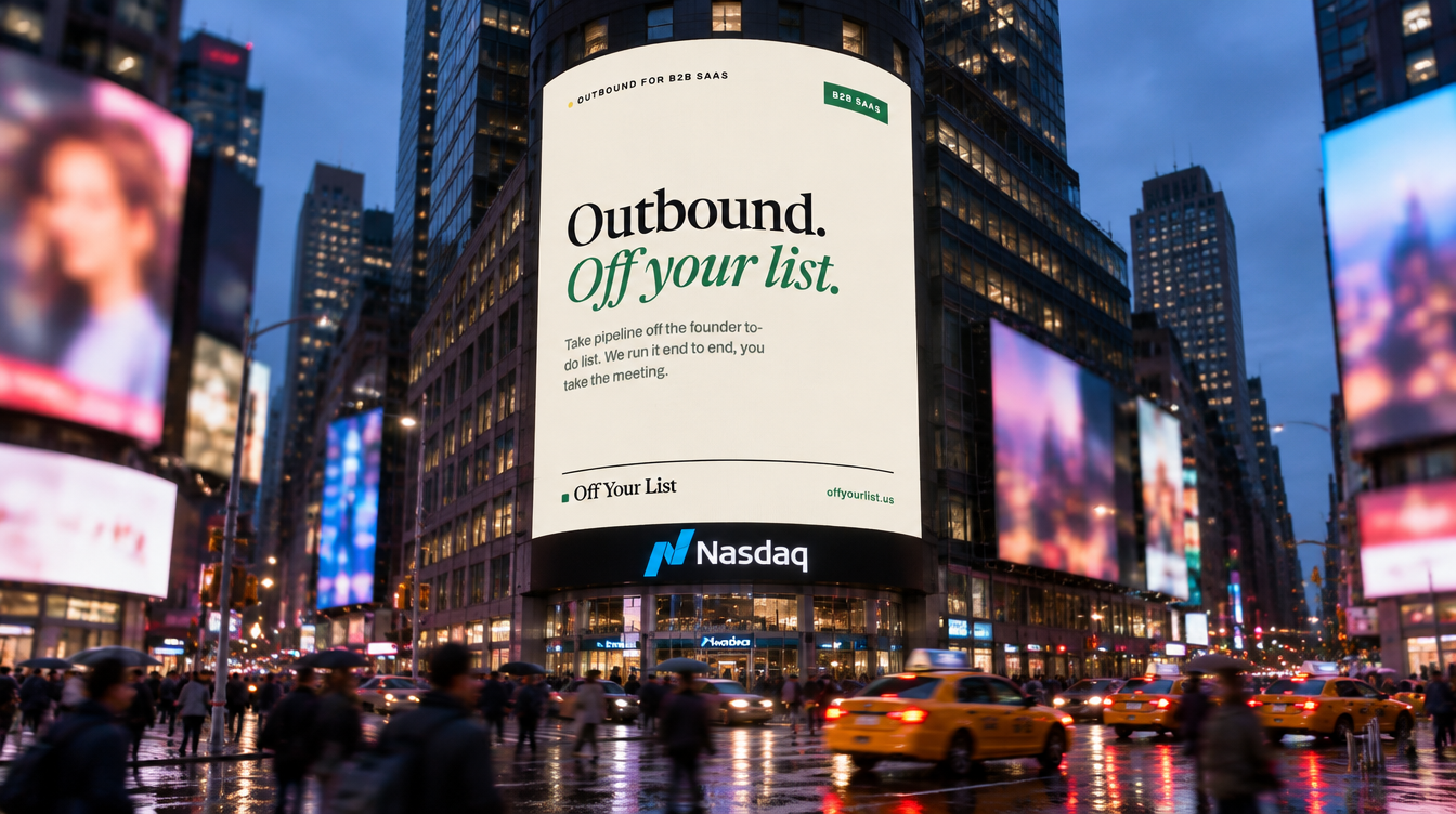 Off Your List poster shown on the Nasdaq tower screen in Times Square, mock-up