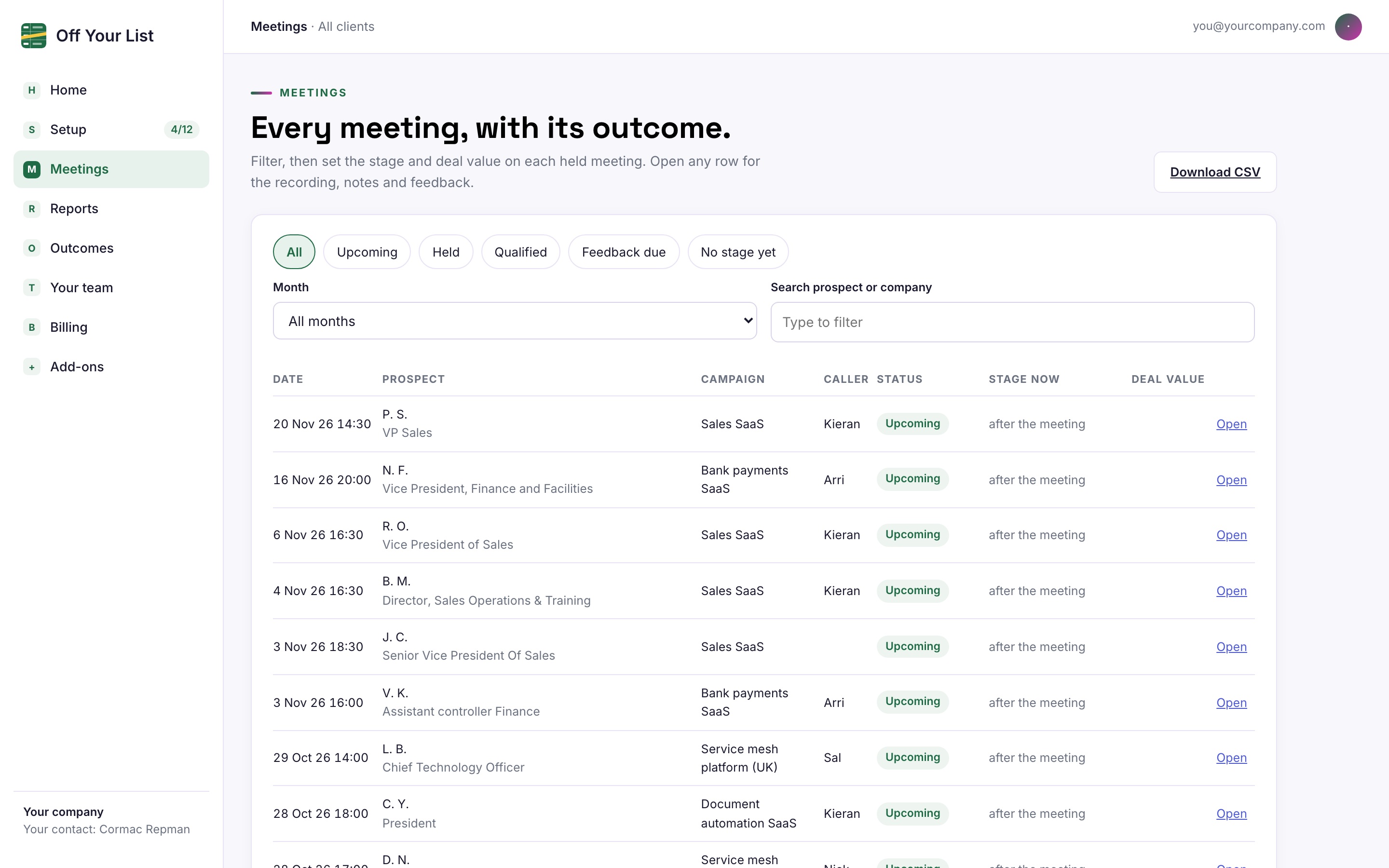 Off Your List client portal showing booked and held meetings